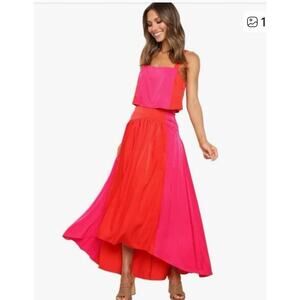 EUC Petal + Pup Lula 2 Piece Set Crop Tank High Low Skirt Red Pink Women Size 12